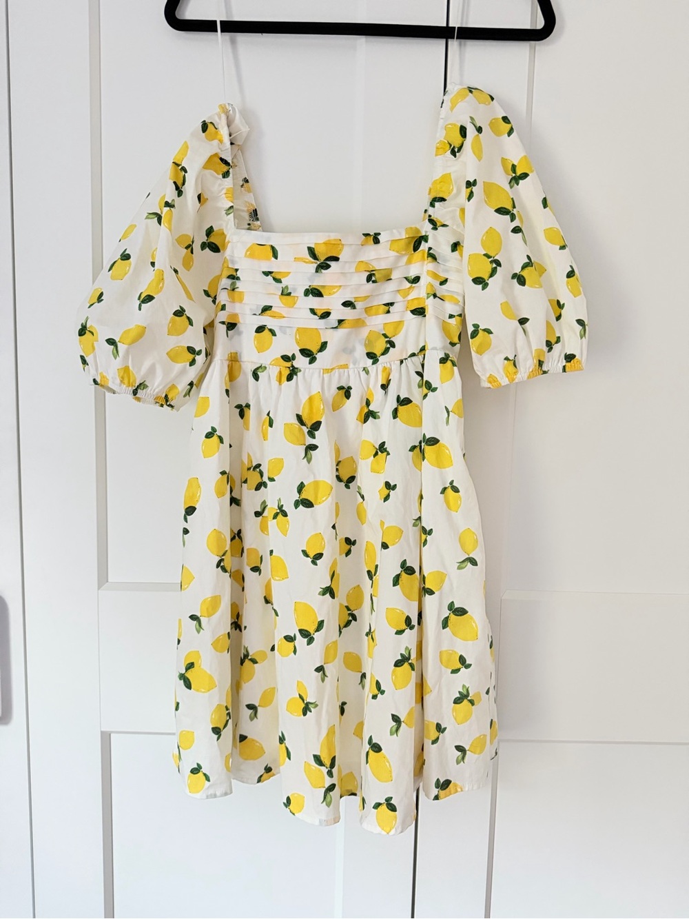 miami White Lemon Print Mini Dress with Puff Sleeves